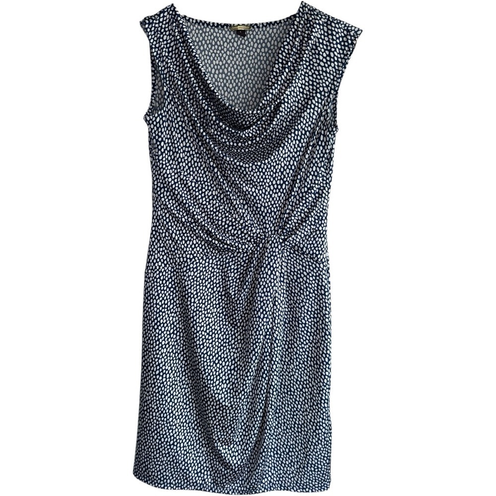 DANA BUCHMAN Navy Blue + White Sleeveless Twist Front Spotted Print Dress Small